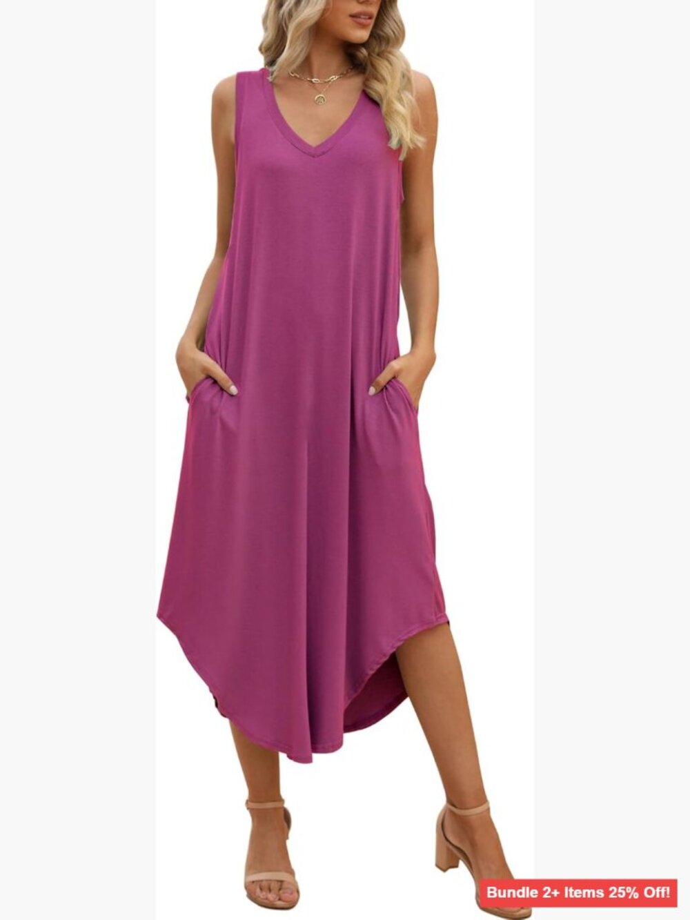 Sleeveless V-Neck Maxi Dress with Pockets, Rayon Spandex, Casual Summer Midi